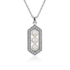 Freshwater Cultured Pearl and White Topaz Hexagon Halo Pendant